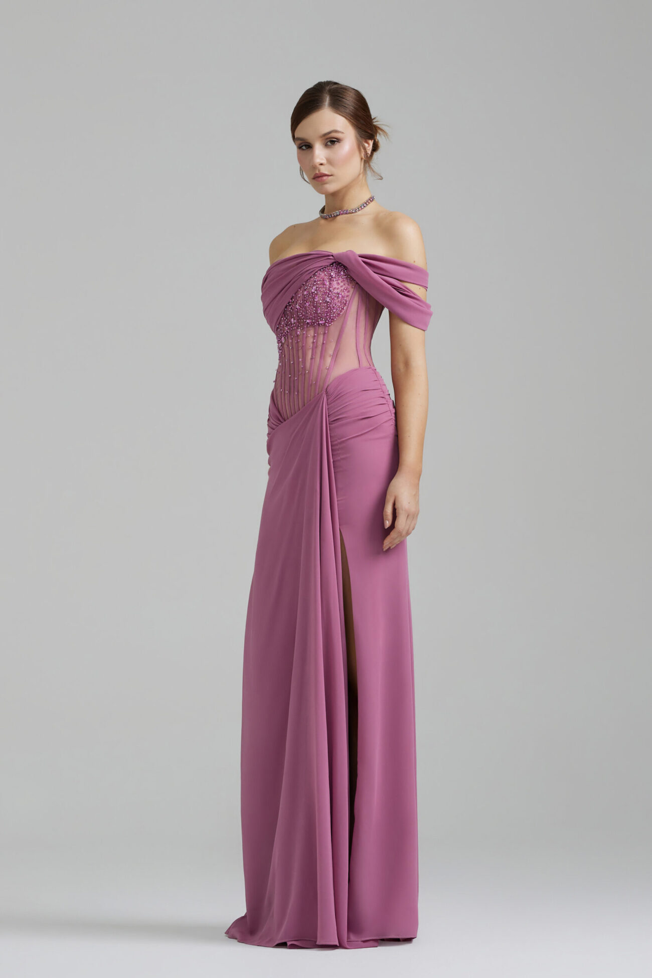 Side picture of Ôzé by THD dress in plum pink