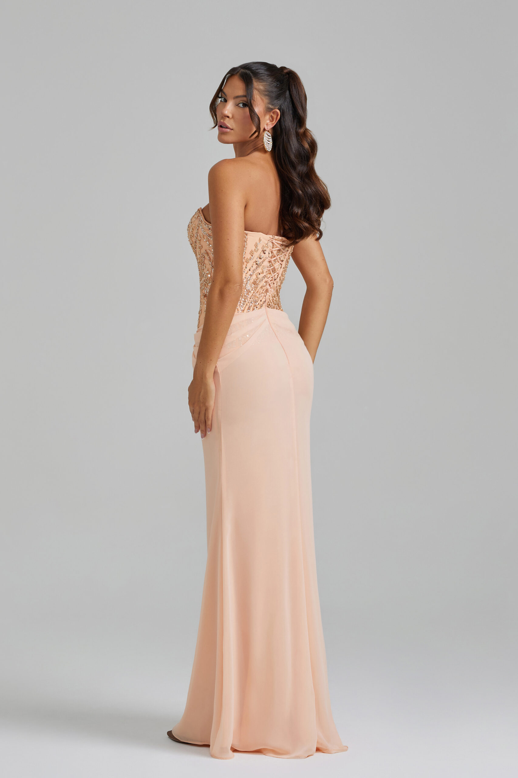 Side picture of Ôzé by THD Orelia dress in Peach