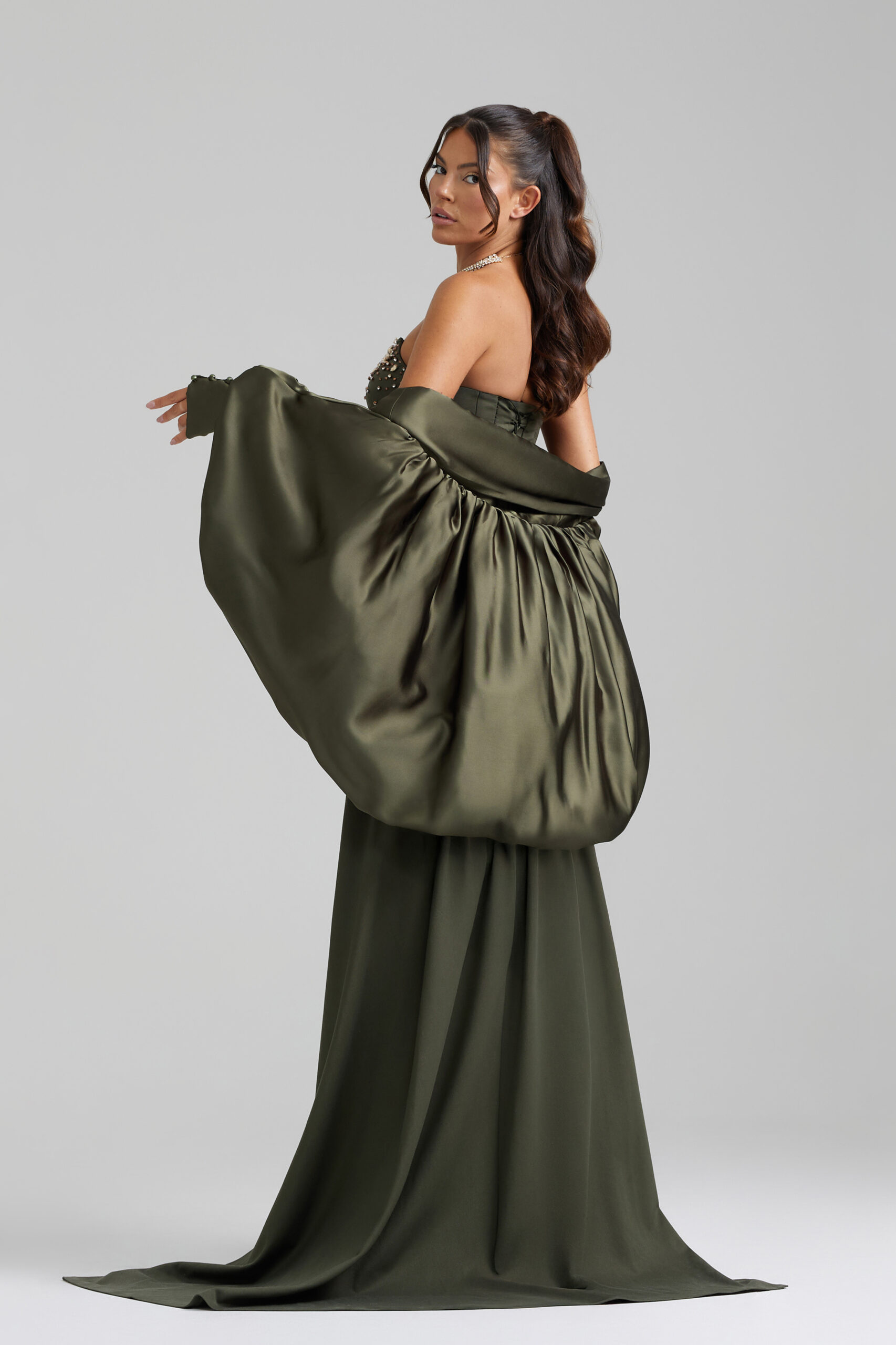 Back picture of Ôzé by THD dress in Olive Green with accessory
