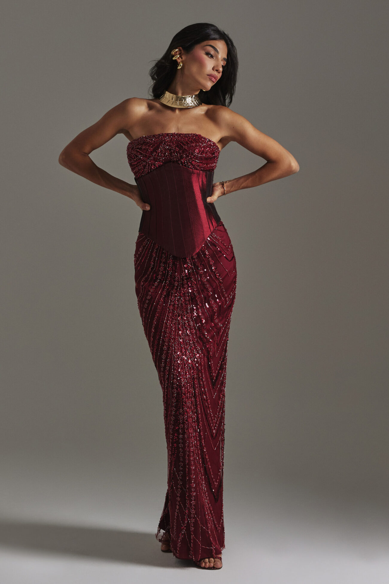 Editorial picture of Ôzé by THD dress Valentina Burgundy Corset