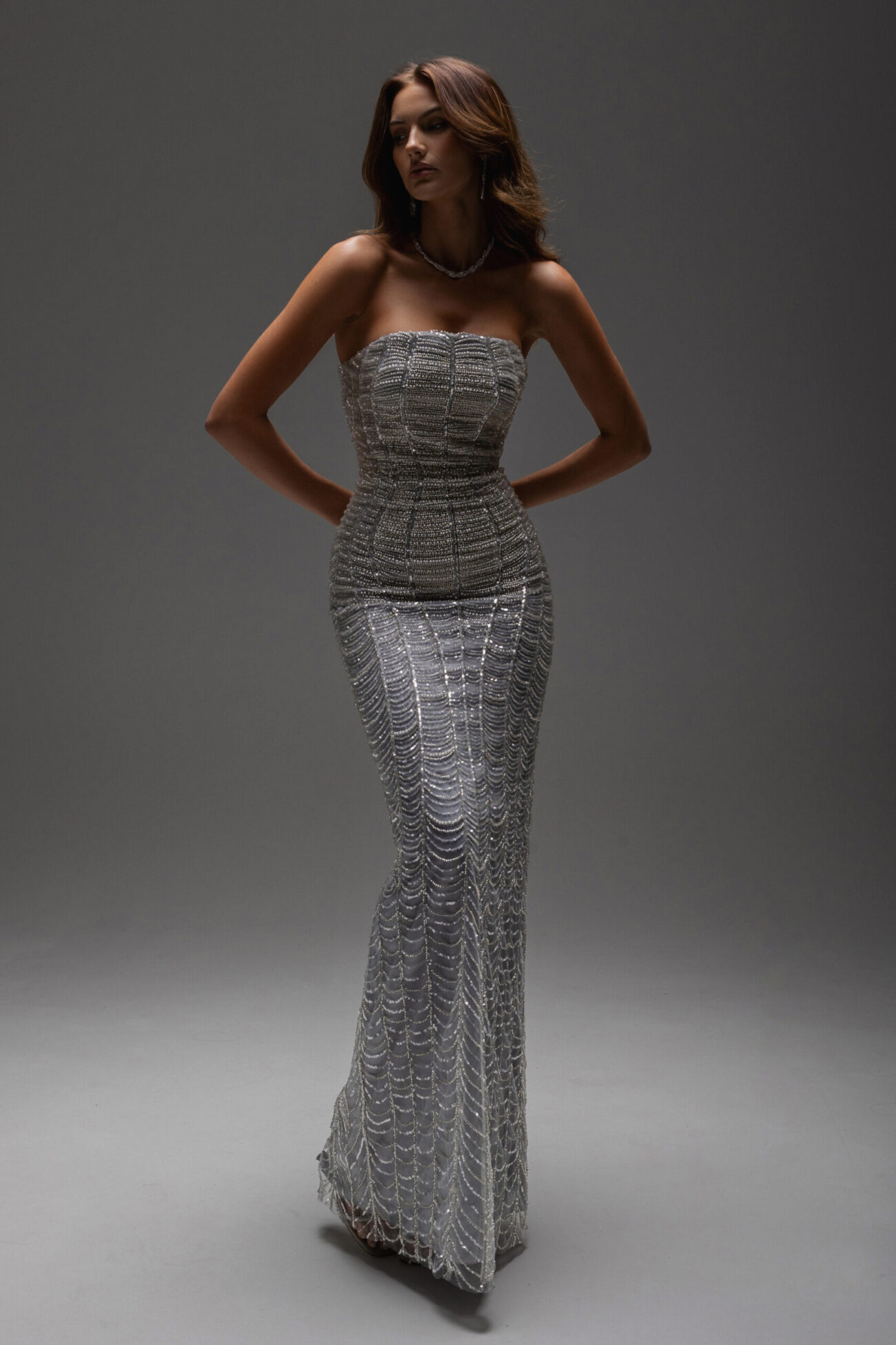 editorial front picture of dalila dress without metalic corset . fully embellished straight cut and strapless