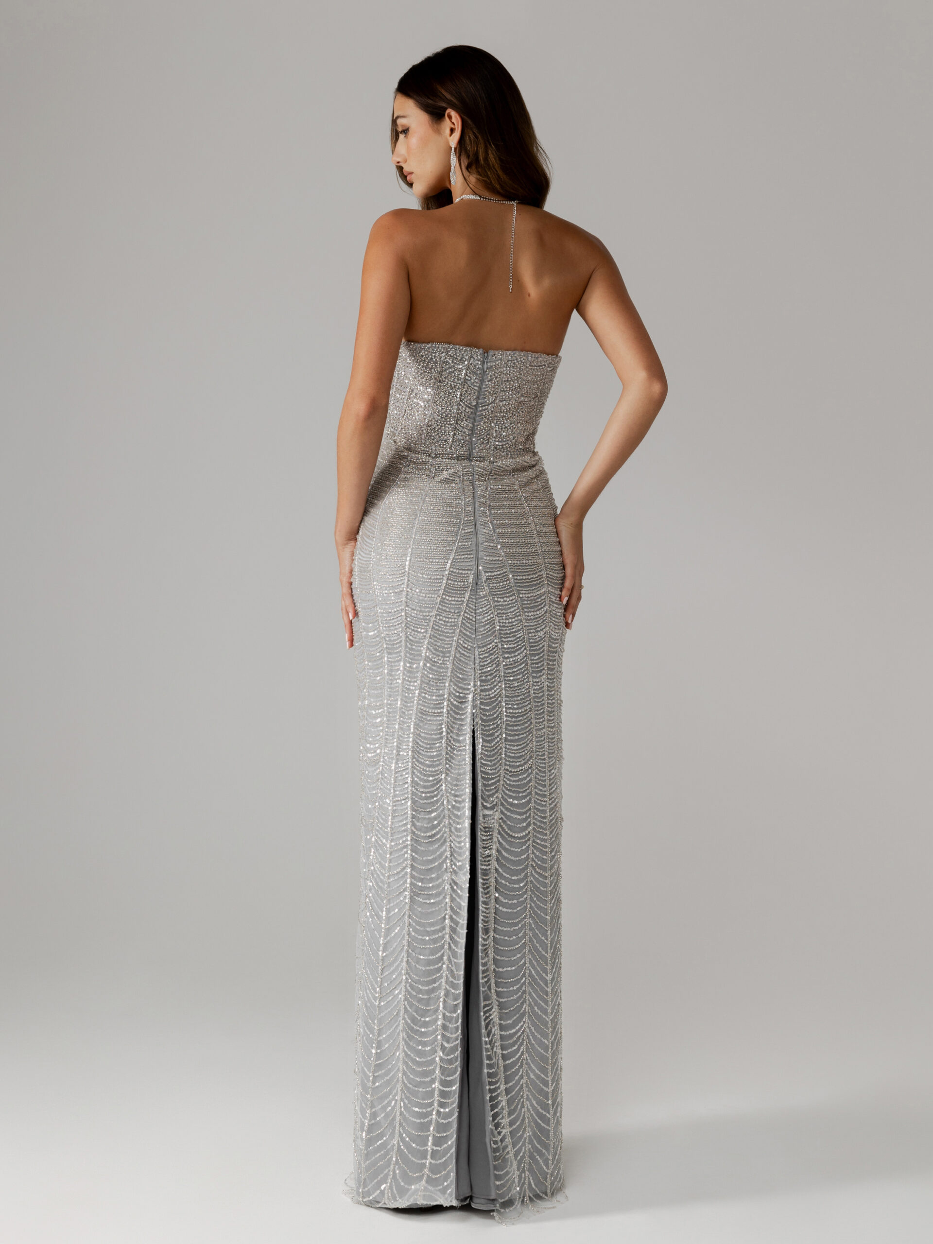 e-commerce back picture of dalila dress without metalic corset . fully embellished straight cut and strapless