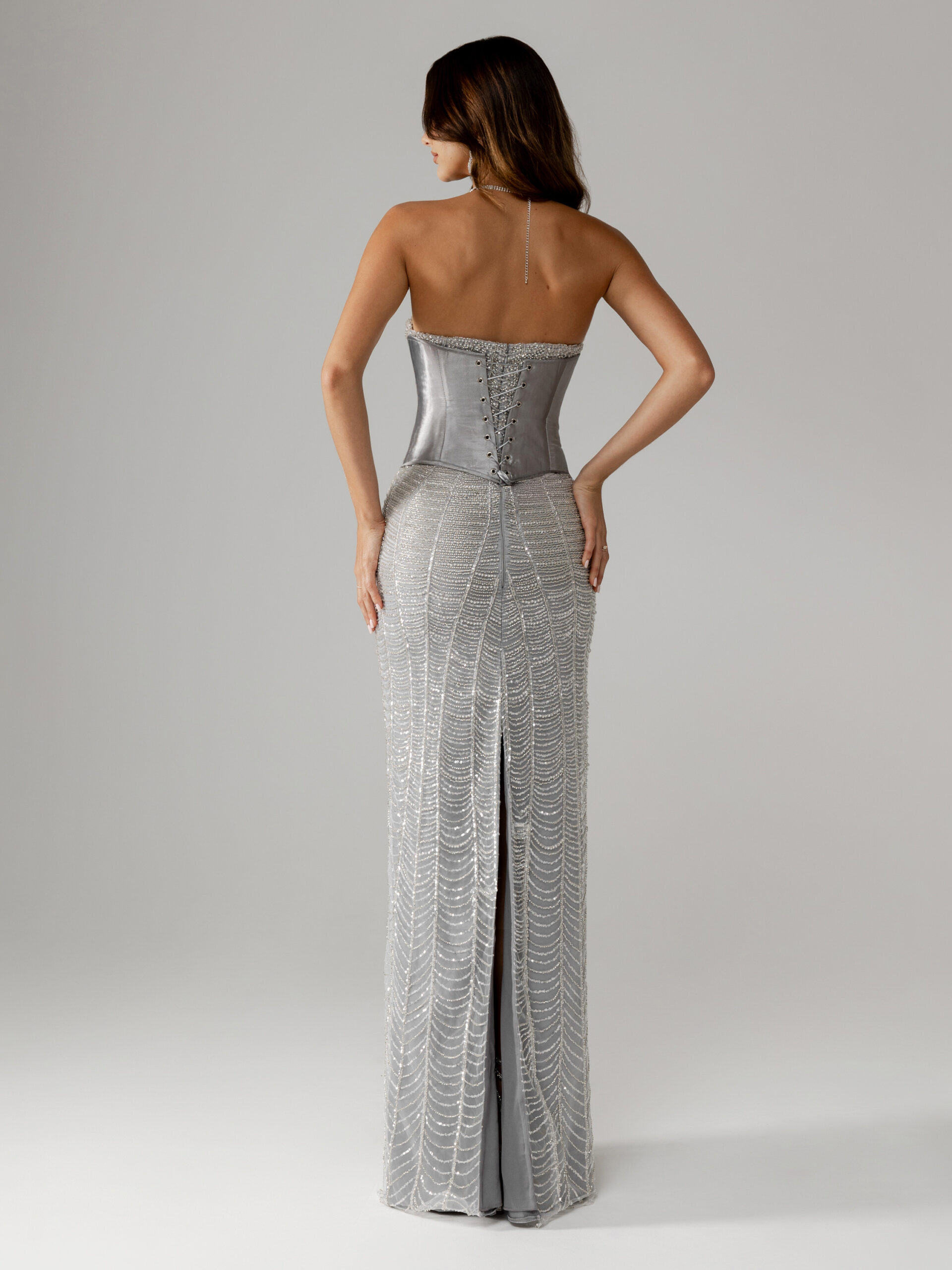 e-commerce back picture of dalila dress with metalic corset . fully embellished straight cut and strapless