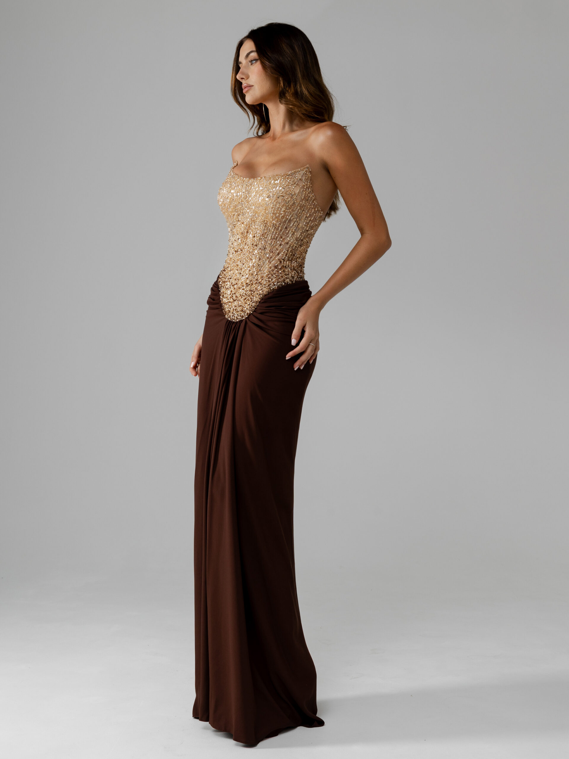 side picture of oze by THD Victoria dress in Brown & Gold without accessories