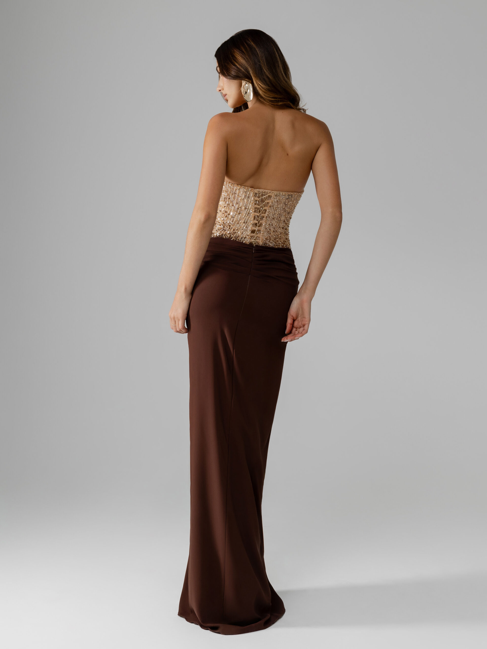 Back picture of oze by THD Victoria dress in Brown & Gold without accessories