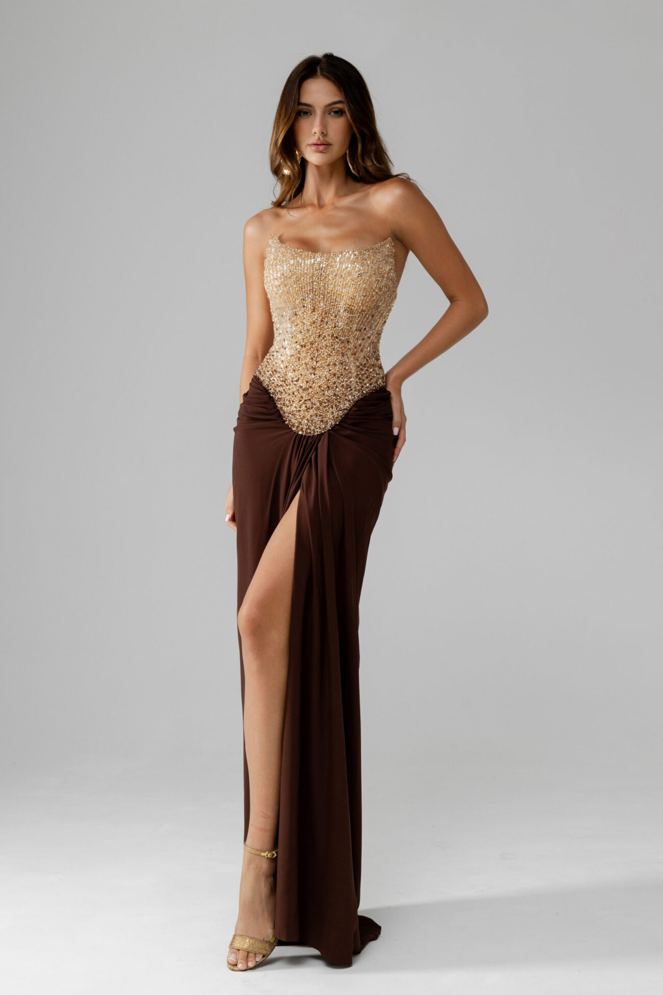 Front picture of oze by THD Victoria dress in Brown & Gold without accessories