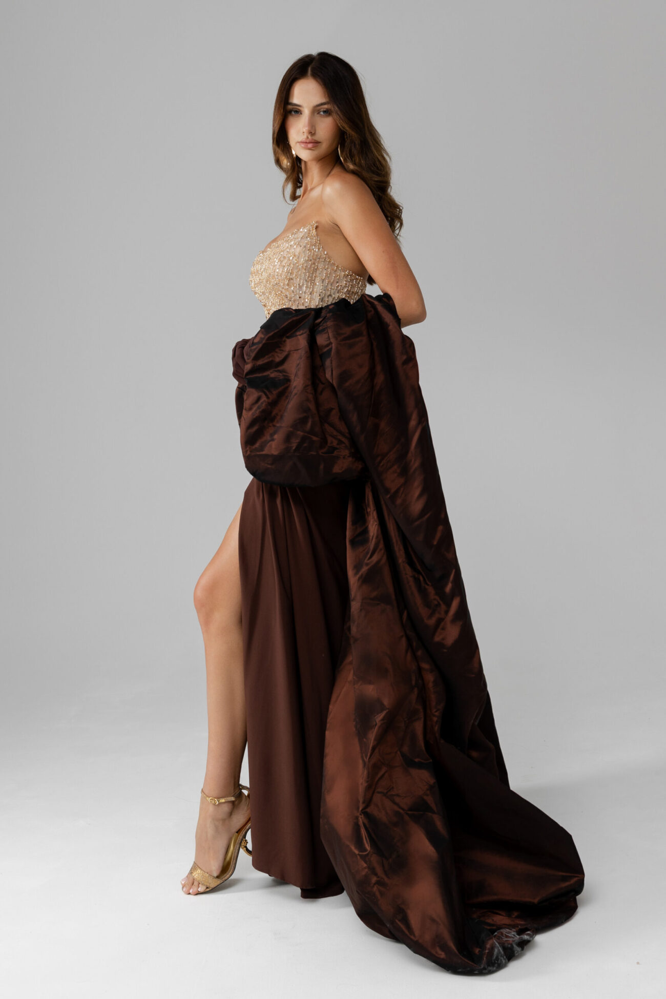Side picture of oze by THD Brown Metallic Taffeta Corset Front