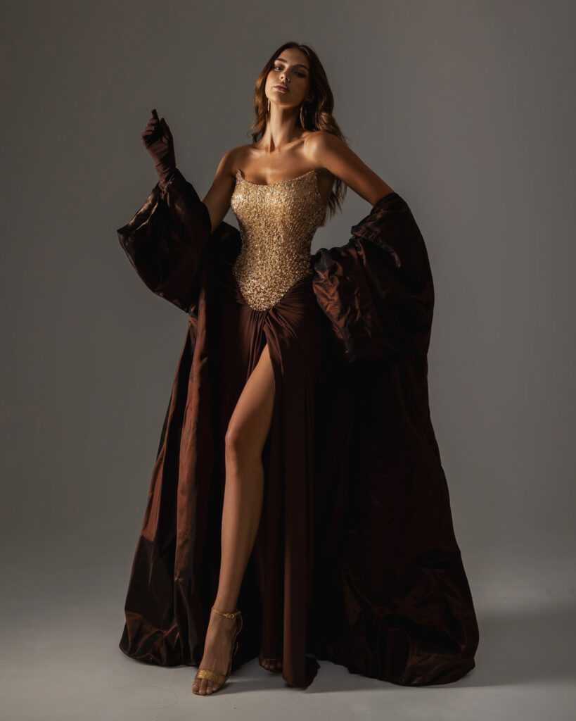 Editorial picture of oze by THD Victoria dress in Brown & Gold