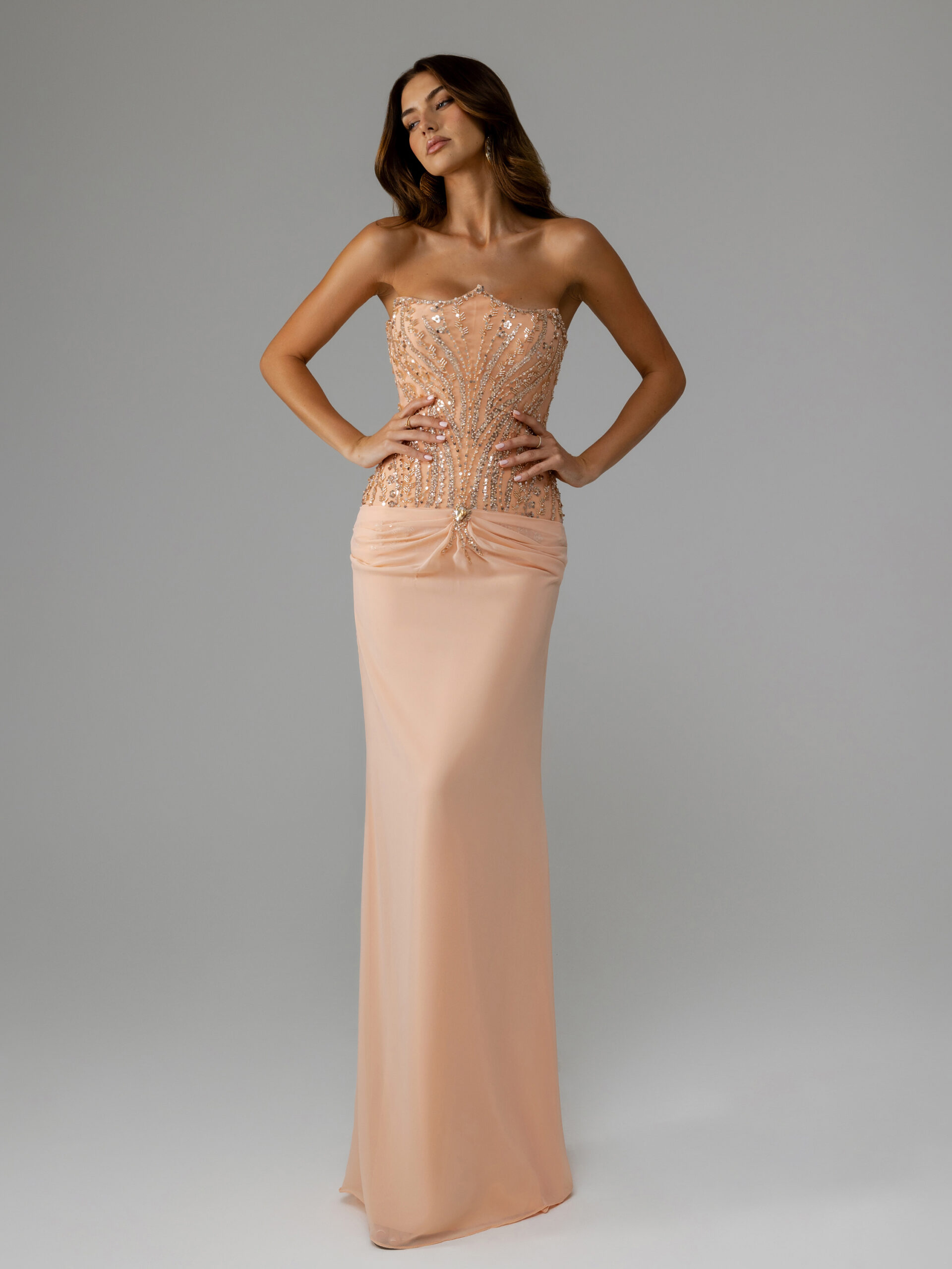 Front picture of oze by THD Orelia dress in Peach