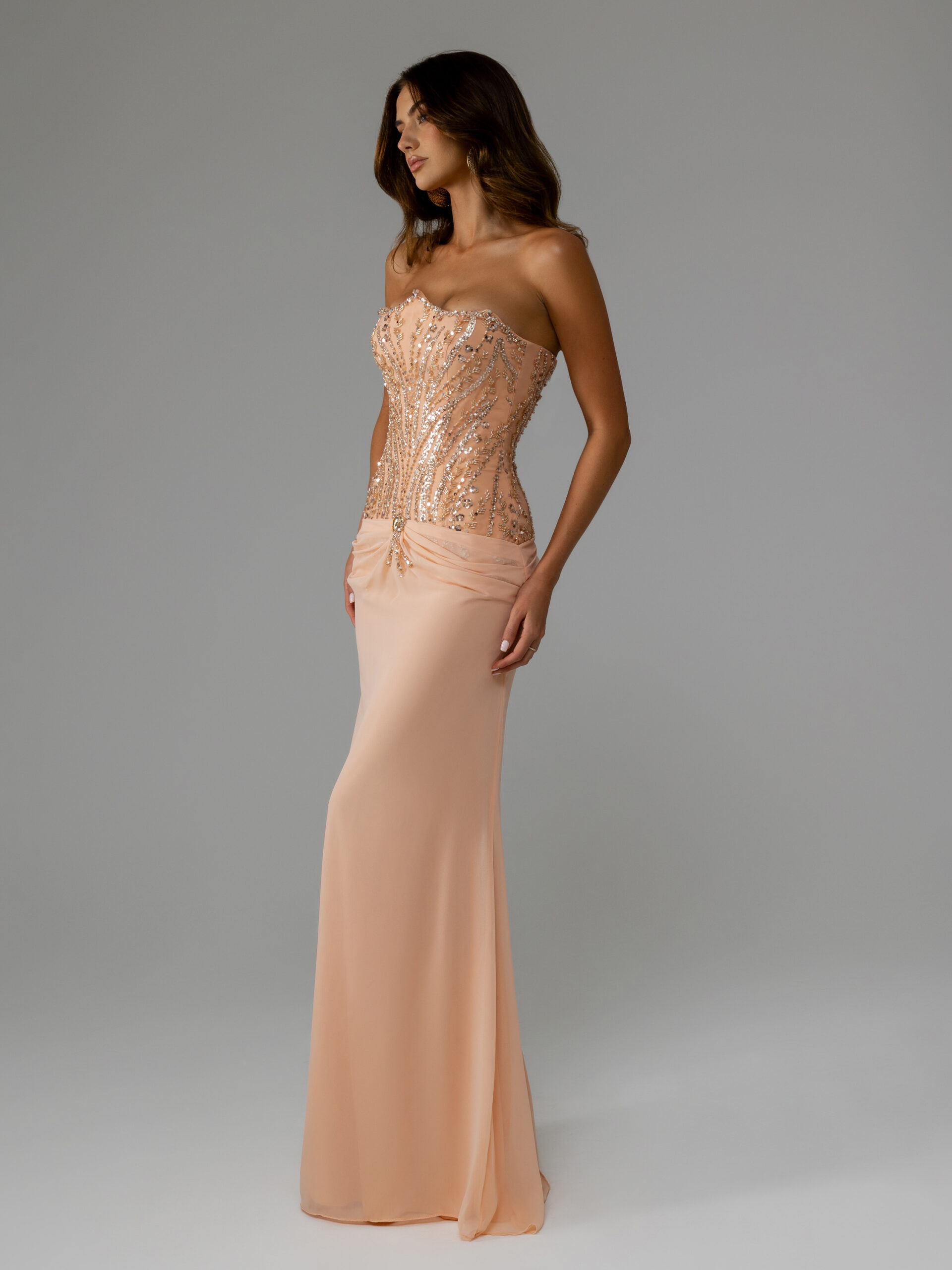 side picture of oze by THD Orelia dress in Peach