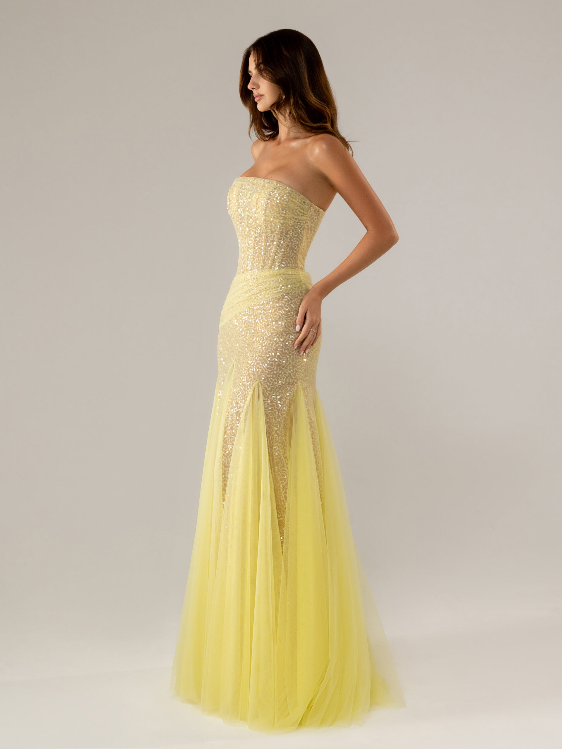 side picture of oze by THD dress Alina in Yellow number 1