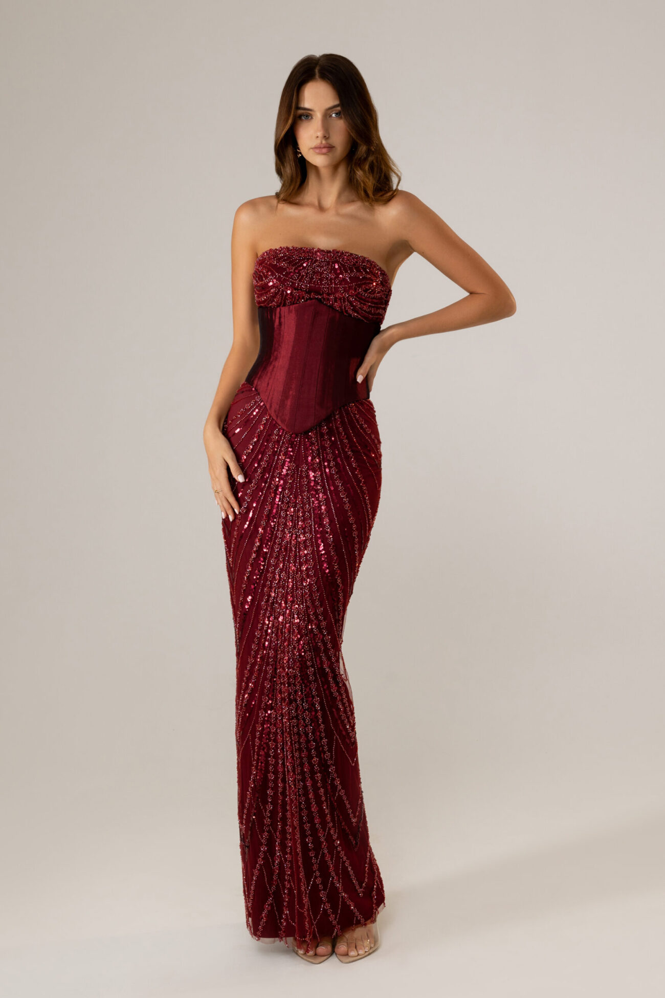 Editorial picture of oze by THD dress Valentina Burgundy Corset