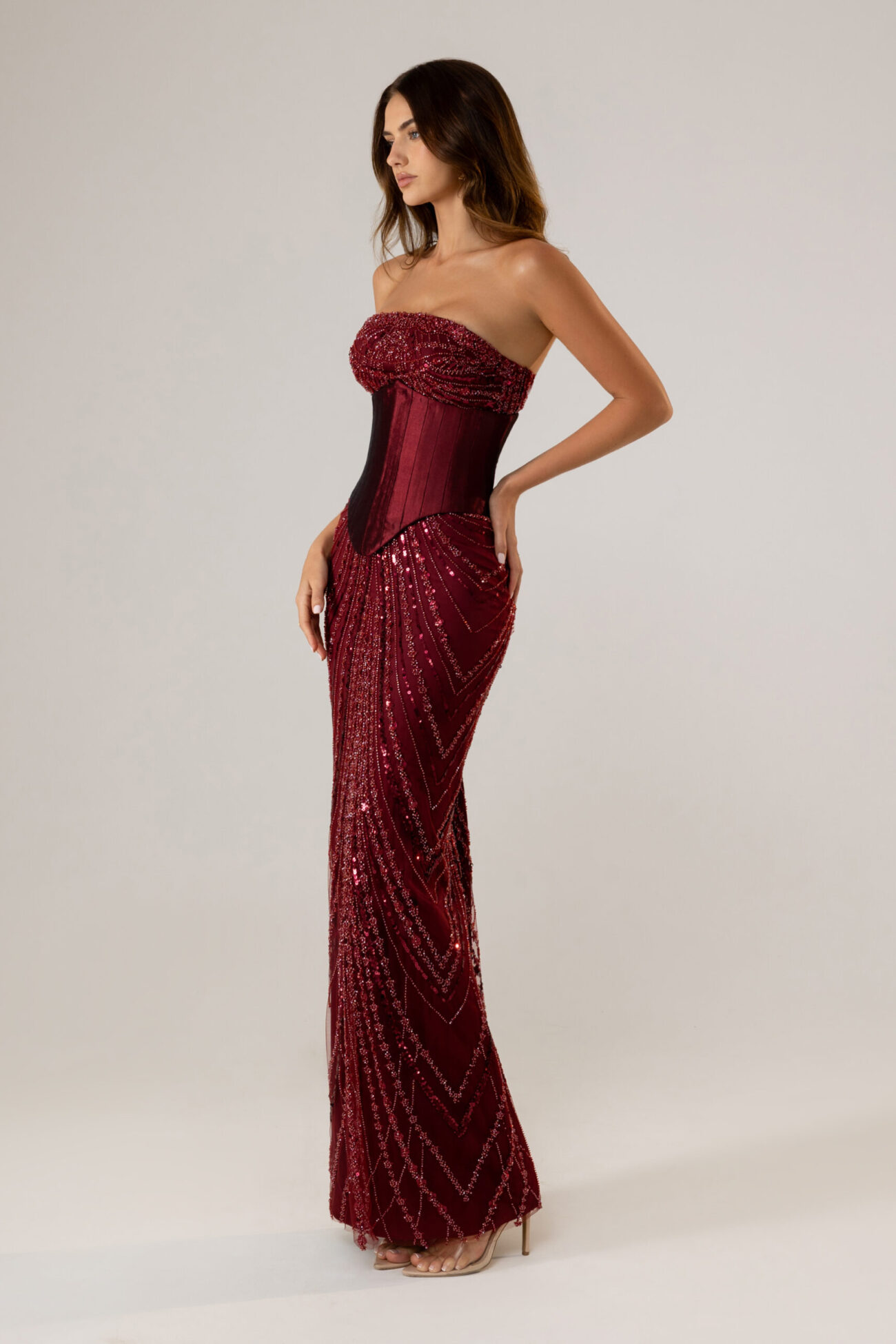Side picture of oze by THD Valentina dress in Burgundy