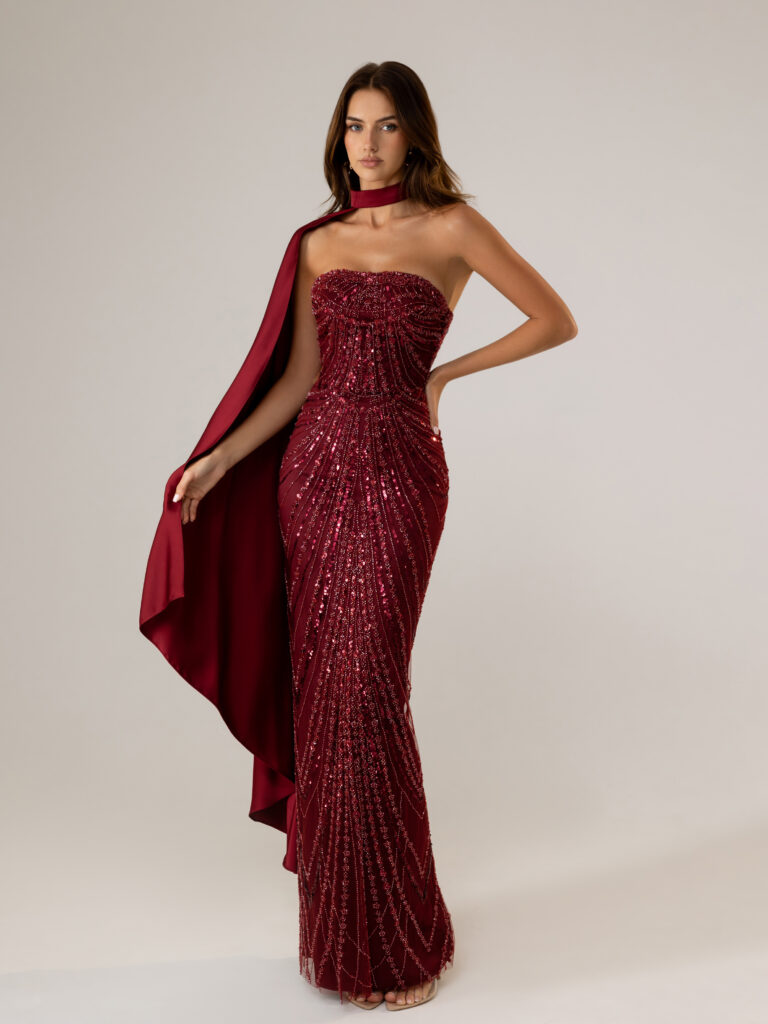 Editorial picture of oze by THD Burgundy Choker Shoulder Cape