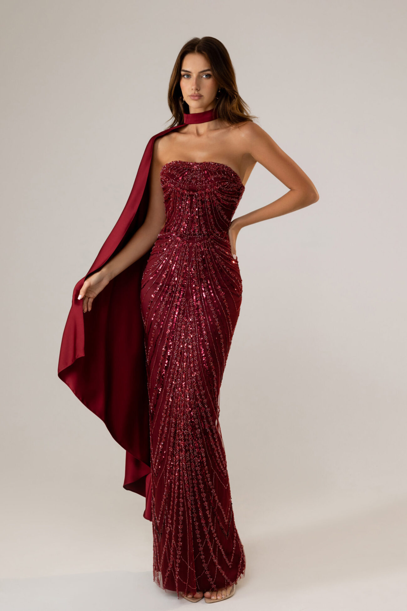 Editorial picture of oze by THD Burgundy Choker Shoulder Cape